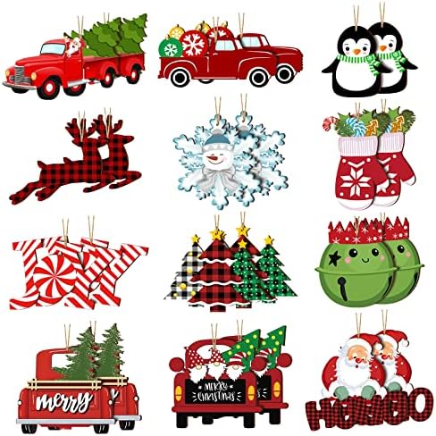 24 компјутери Божиќни дрвени украси новогодишно дрво украси за црвени камиони Божиќно дрво висина занаетчиска буква камион Божиќ украси