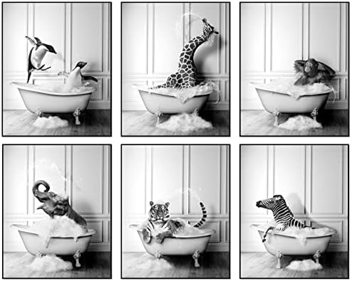 Смешна декор за бања wallидна уметност - Необрачен сет од 6 - Decorид за бања, црно -бел декор за бања, детски декор за бања, животински