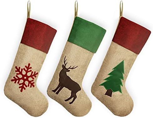 Ivenf Божиќни чорапи, 3 парчиња 18 инчи големо зелено црвено бура се чувствуваат со ирваси од дрво и ирваси на ирваси, за семејни празници Божиќни