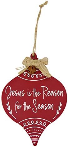 Невизо Исус е причина за сезоната црвен дрвен Божиќен украс со лента со канали и мало метално bellвонче, 5 инчи