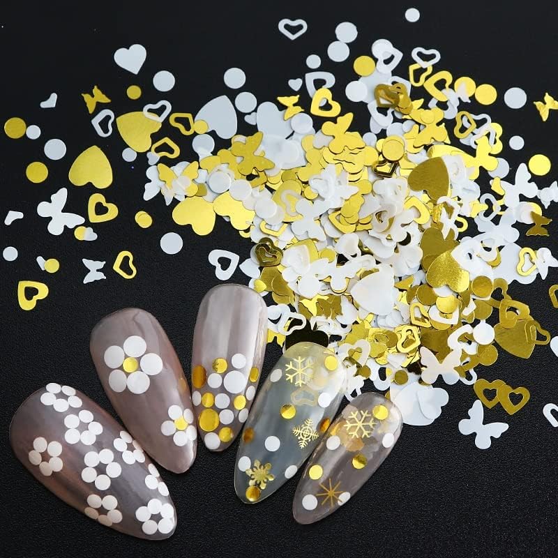 Бело златни секвенци за нокти украси за уметност гроздобер шарки на ноктите за нокти в Valentубовни облици на срце сјајни снегулки за дизајн