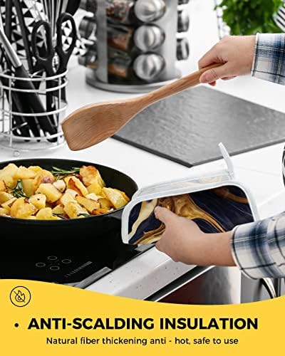 Темно сини жолти мермерни тенџере држачи 2 пакувања, топли влошки за кујна со висечка јамка, модерна слика за сликање со мастило Апстрактна