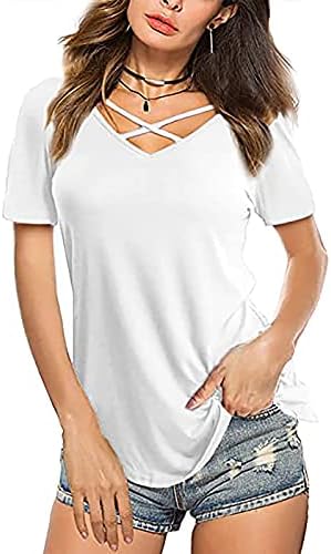 Кошули со кратки ракави за жени со секси секси V-вратот Ц маица со јака од јака, маица со кратки ракави маица блуза, обични