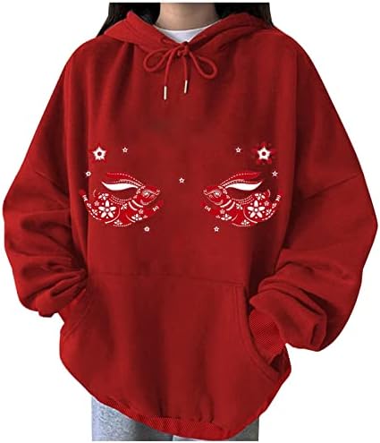 Смешни слатки зајаци со џемпер со качулка за жени обични долги ракави пулвер дуксери руно наредени преголеми кошули