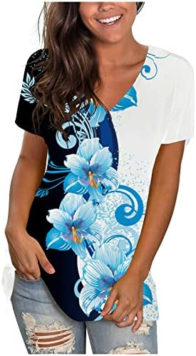 Облека трендовски краток ракав vneck памук графички печати цветни обични блузи за девојчиња лето есен маичка Б7 Б7