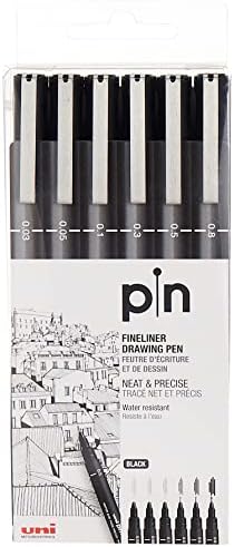 Uni Pin Fineliner Цртање Пенкало-Скицирање Сет-Црно Мастило-0,03 до 0,8 мм-Сет од 6