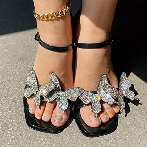 Ishишилиумски женски rhinestones лакови од фустани летни чевли, отворени пети, рамни сандали на плажа сандали