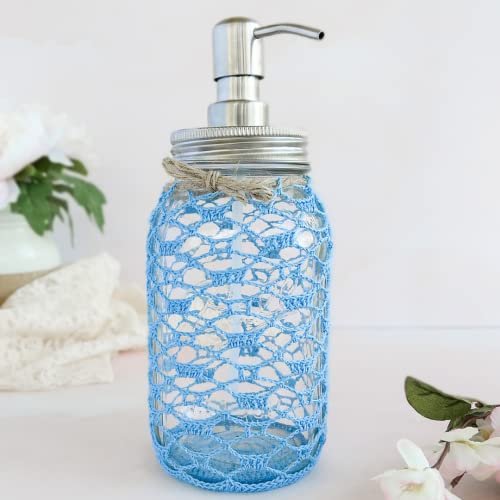 Диспензерот за сапун со течен рачен сапун, стаклена тегла за стакло, 32oz, украсена во сина рачно изработена чипка, наутичка