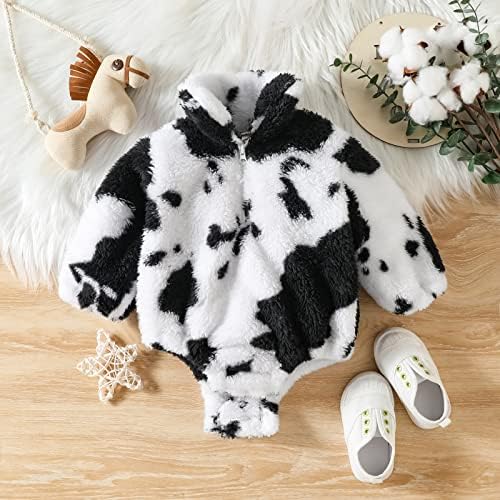 Lxxiashi новороденче бебе руно ромпер зимски крзнен џемпер со долг ракав штанд со јака од крава печатење