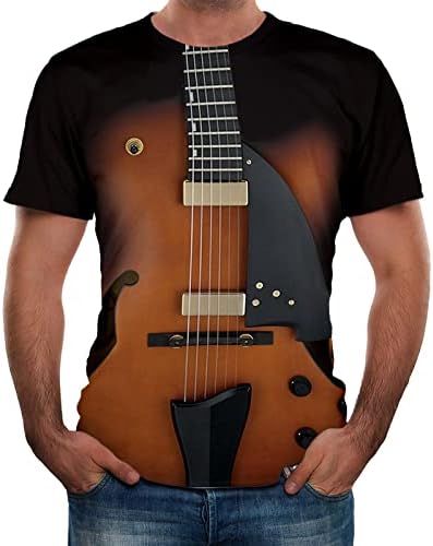 Машка 3Д печатена гитара креативна графичка маица обични смешни кратки ракави екипаж врвови на музички инструменти со блуза