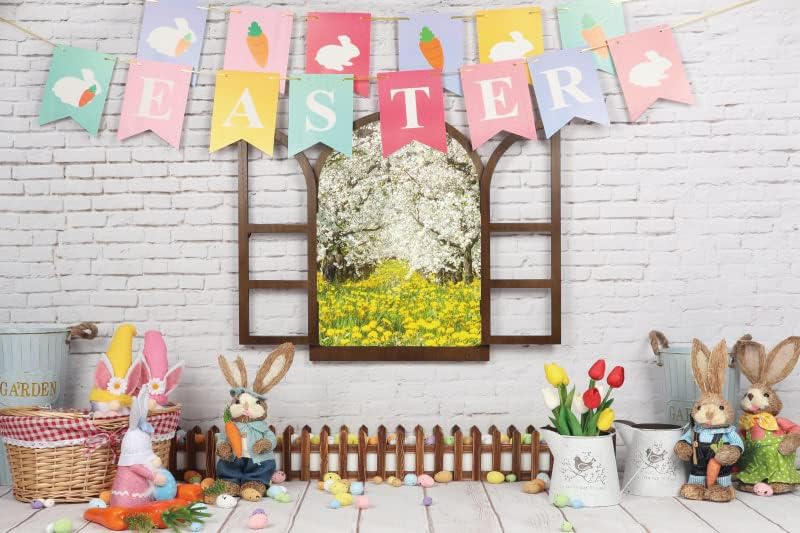 Awert vinyl 12x10ft пролет Велигденска позадина бел wallид кафеав прозорец цветни предели разнобојни јајца симпатична зајак велигденски