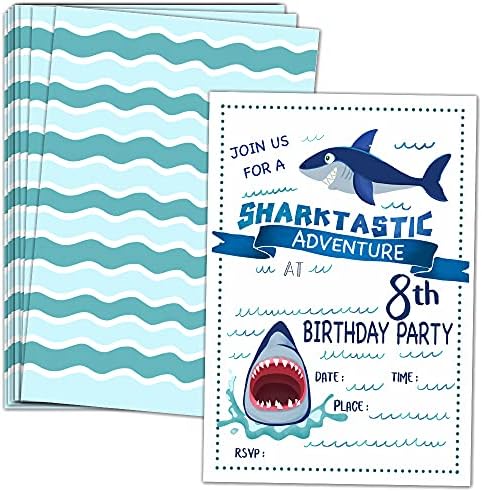 укебобо Покани за 8-ми Роденден Со Пликови-Покани За Роденден На Ајкула, Украси За Забави На Ајкули - 20 Картички со Пликови (си-08)