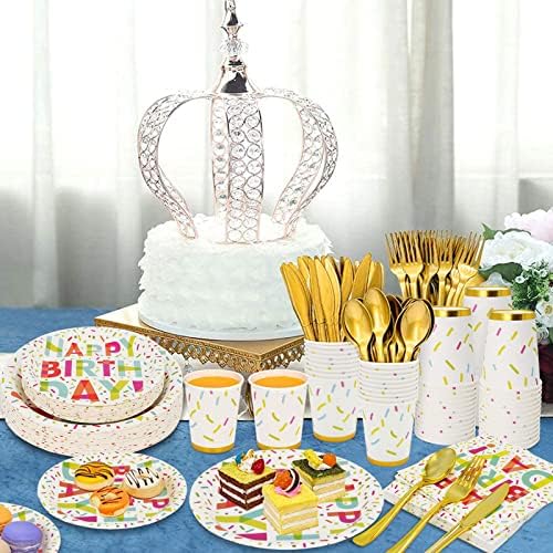 Среќен роденден хартиени плочи и салфетки забава за забава за забава за еднократна употреба сет со плочи, чаши за салфетки за купови