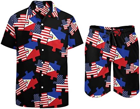 Знамиња на САД и Филипини во мозаик машка 2 парчиња облека на плажа Хавајски копче надолу со кошула со краток ракав и шорцеви костуми