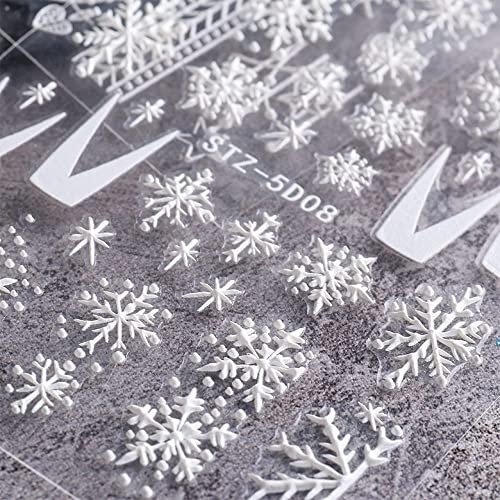 Налепница за уметност во снегулка на ноктите Декларации Божиќ 5Д врежана француска бела снегулка самолеплива Божиќна нокти декорации за декорации снегулки есенск