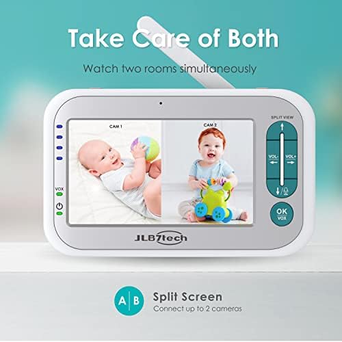 JLB7Tech 5 Сплит-екран Монитор за бебиња, Монитор за видео бебе со 2 фотоапарати и аудио, ноќно светло, опсег од 960 метри, двонасочен аудио,