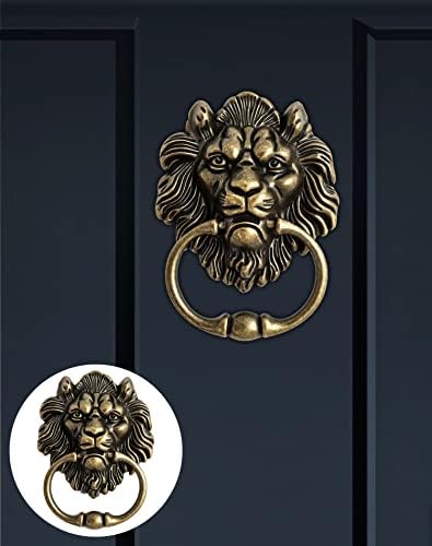 Qwork Antique Bronze Lion Roar Roar Rade Knocker, 2 пакувачки класичен клокер на главата на лавот со завртки за монтирање
