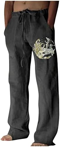 Дудубаби Плус Големина Дневни Панталони Машки Лабави Секојдневни Еднобојни Памучни Ленени Панталони Еластична Вратоврска Печатени Прави Панталони