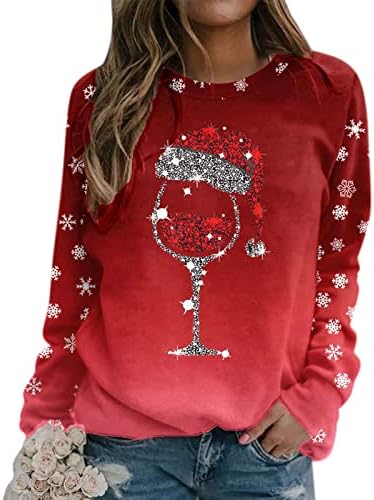 Wocacchi Womenените црвено вино чаша Божиќна маичка Смешна Божиќна пулвер Божиќна санта шапка графичка блуза маица врвови