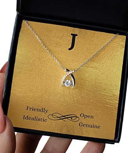 J - Прво почетно значење ѓердан со картичка за пораки со монограм, име на накит со почетна буква што значи личноста на личноста први почетни
