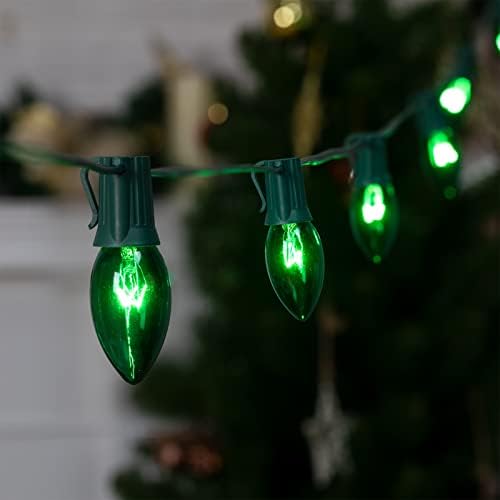 C9 Божиќна жица светло зелена, 25 -ти гроздобер светла за новогодишни елки, светла на жица на покривот на отворено со 25+2 зелени