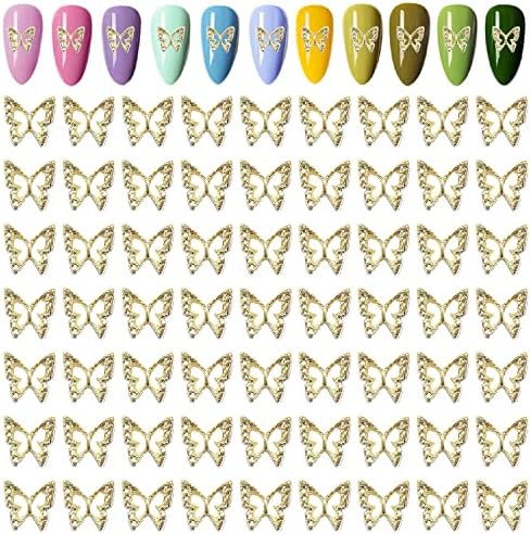 FlyMind 100 парчиња 3Д пеперутки за нокти, сребрени нокти пеперутка привлечност за акрилни нокти легура пеперутка ноктите уметнички скапоцени