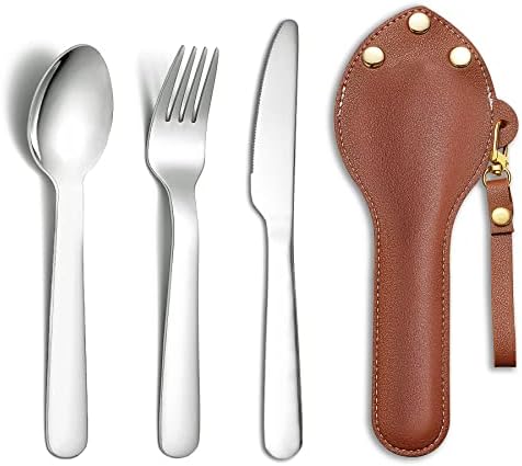 Берглендер Преносен сребрен сад сет 3 парчиња со кожна торба лесно носење во џеб, ножеви од не'рѓосувачки челик, лажици и вилушки поставени совршени