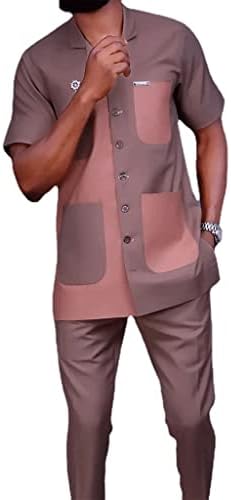 Африканска облека за мажи мода дашики лапел костум кратки ракави кошула, пантолона традиционална крпеница џебови, облека за тренери