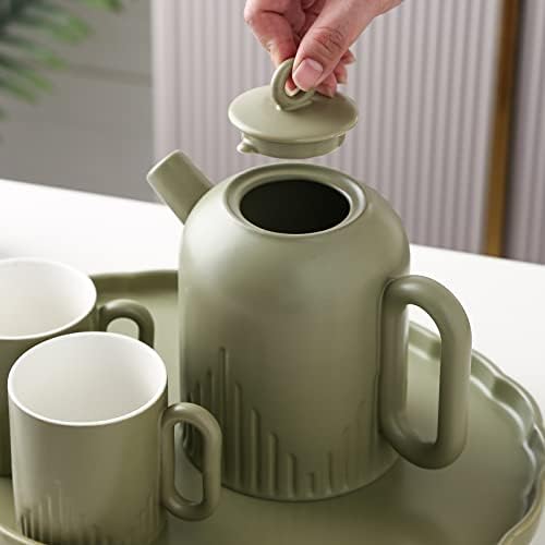 Зелен чај Вујази сет со послужавник, 40 мл мал чајник и чаша чаша сет од 4, керамички чај саксија поставен за возрасни, модерен чај поставен