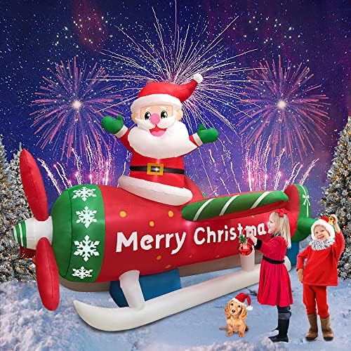 COOY 9FT Божиќни надувувања на отворено Декорации Дедо Мраз на авион, дувачки украси со двор со LED светло за Божиќ, Божиќни украси