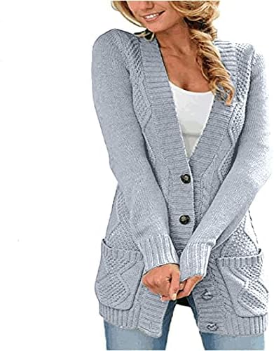 Отворете ги предните плетени кардигани за жени случајни класични кабелски џемпер палто со долг ракав цврсто копче лабави кардигани