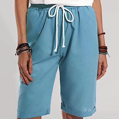 Beuе жени обични лабава лабава шорцеви за влечење еластична половината лето цврсти памучни постелнини кратки панталони со џеб
