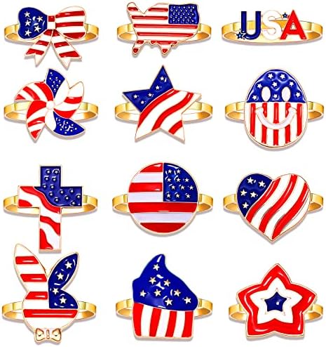 4 -ти јули Патриотски прстени за салфетка сет од 6, Ден на независност на емајл Денот на независноста Америка, знаме на знамето на салфетка, прстени,