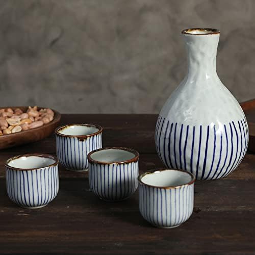 MyGift Традиционална јапонска сина лента со керамика 5 парчиња поставени со сервирање карафе и 4 чаши за пиење