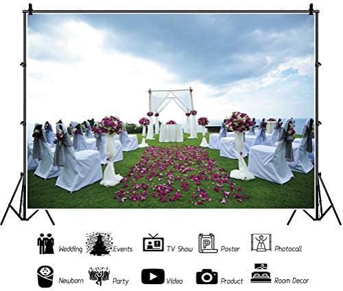 Oerju 12x10ft Прекрасна свадба стол табела Поставување фотографија позадина цвеќиња бели шифон завеса тревник Свадба порта Фото