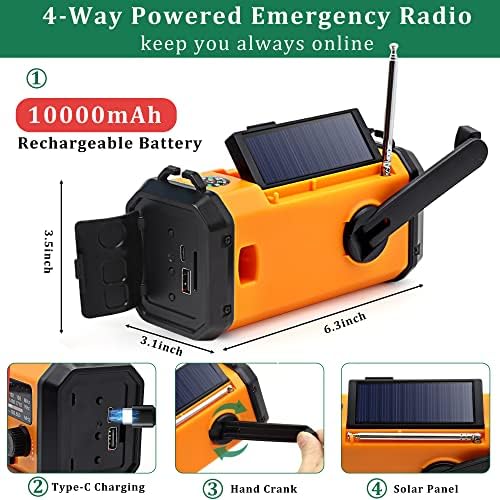 Радио За Итно Рачно Чудак Со Резервна Копија на Батеријата од 10000mAh, Преносливо Соларно РАДИО Am FM NOAA Со USB Полнач, Фенерче,Светилка
