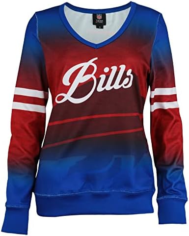 Фоко засекогаш колекционерски биволи Билс НФЛ женски градиент џемпер со долг ракав, сина/црвена боја