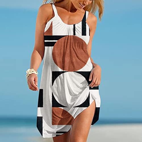 Wpoumv летни фустани за жени геометриски блок во боја Sundress без ракави екипаж, вратот, облечена облечена во фустан со резервоар