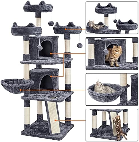 68,5 ч Голема повеќестепена кула за мачки со кондоми и перници, темно сива куќа голема кондо луксузна мачка дрво мачка мачка рамка