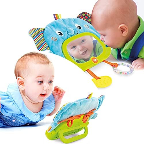 Време на огледало за бебиња за стомакот за подот, креветчето, играње салата и шетач - мек слон бебе огледало w/скриени ликови - режими на дневна