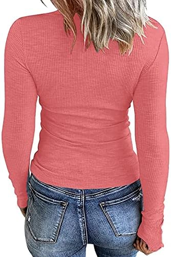Женски кошули Хенли Крис Крст V врат со долги ракави Основни маички Основни маички Обични лабави ребрести плетени тунични маички блузи