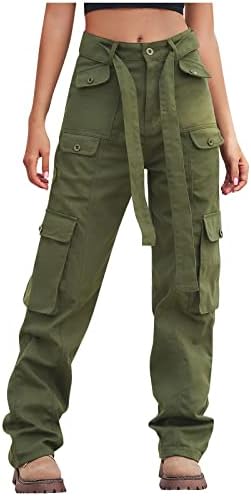 Карго панталони жени со високи половини со високи половини со џебови од џеб, кои се вклопуваат во форма на панталони со права на нозе Y2K, панталони со појас