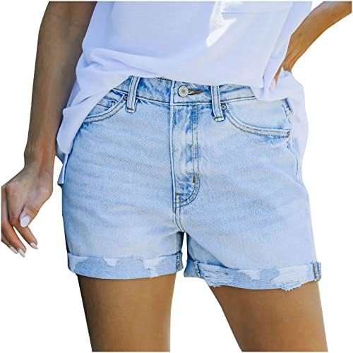 Oplxuo женски обични тексас шорцеви 2023 лето валани искинати сурови полите потресени стрии од панталони со џебови со џебови