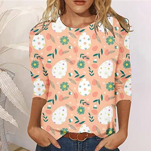 Велигденска кошула за зајаче за жени 3/4 кошули за ракави за жени слатки врвови за печатење околу вратот лабав пулвер удобно меко