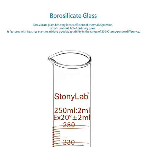 Стонилаб 4-пакувано боросиликатно стакло 250мл Цилиндер за мерење на цилиндарот за дипломиран тежок wallид, 250мл