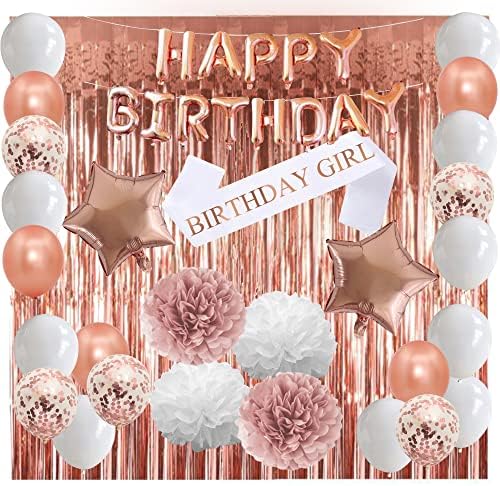 Прослави 29 Парче Декорации за роденденска забава за жени балон комплет роденденски украси вклучуваат балони, пом пом, завеса
