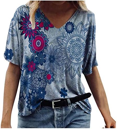 V-врат маица за жени Бохо цветен пејзаж печати краток ракав Топ лето лето-слатка слатка лабава лабава фит-блуза пуловер