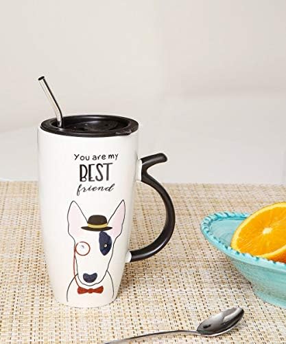 Nayothecorgi Bull Terrier Curg Set w/капак, метална слама и лажица - Керамичка кригла - Најдобар пријател со кафе со капаче и слама - чаша за кафе за еднократна употреба - подарок за м?