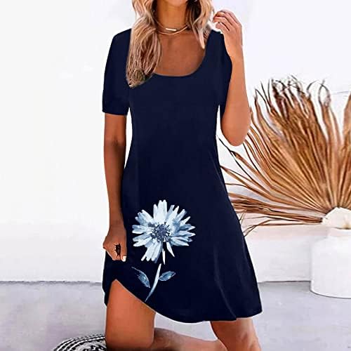 Фустан од тунична тунична лажичка за жени летни обични фустани за маици со краток ракав Едноставен печатен плажа краток фустан