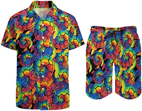Weedkeycat Tie Dye Dye Dye Dye Hawurtion Turtle Man's Beach Outfits 2 Piece Hawaiian копче надолу со кошула Краток ракав и Shorts Trunk